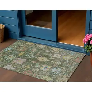 Photo of Fern Green Pink And Blue Floral Washable Indoor Outdoor Area Rug