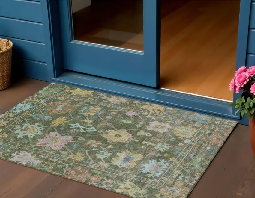 Fern Green Pink And Blue Floral Washable Indoor Outdoor Area Rug Photo 1