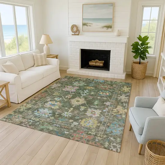 Fern Green Pink And Blue Floral Washable Indoor Outdoor Area Rug Photo 8