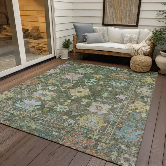 Fern Green Pink And Blue Floral Washable Indoor Outdoor Area Rug Photo 9