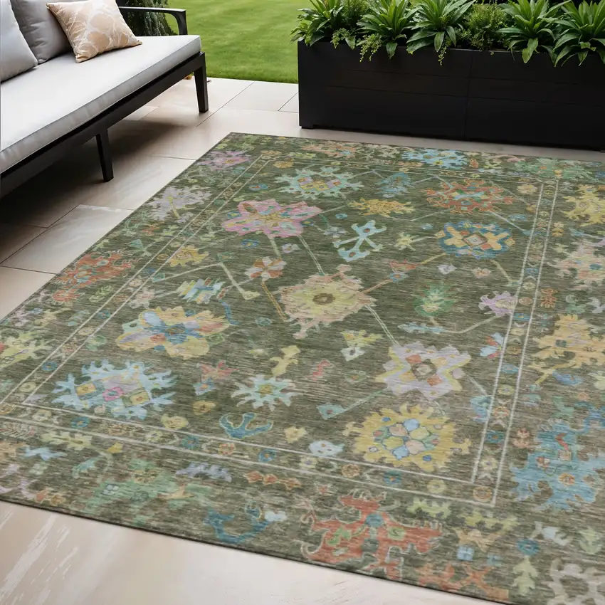 Fern Green Pink And Blue Floral Washable Indoor Outdoor Area Rug Photo 1