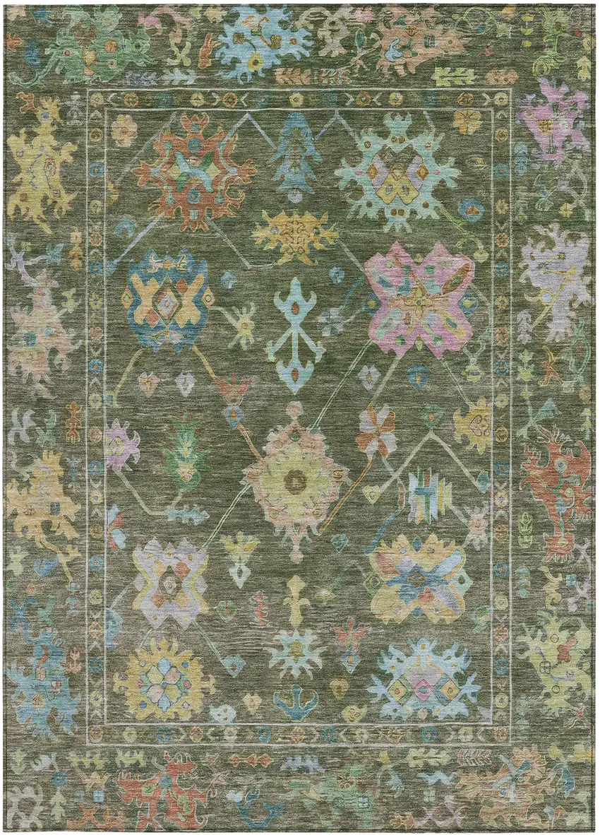 Fern Green Pink And Blue Floral Washable Indoor Outdoor Area Rug Photo 5