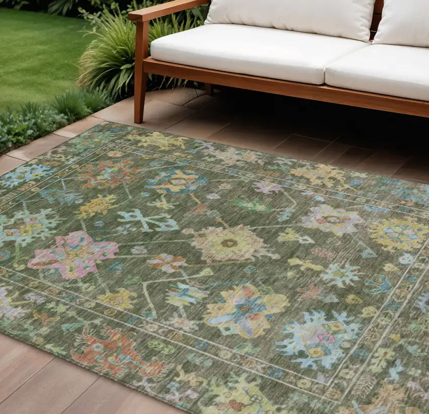 Fern Green Pink And Blue Floral Washable Indoor Outdoor Area Rug Photo 1