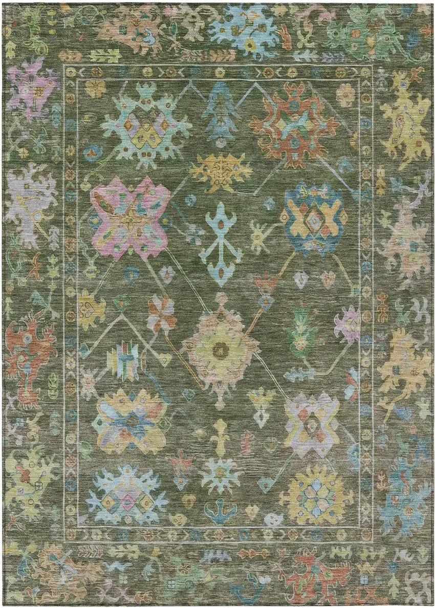 Fern Green Pink And Blue Floral Washable Indoor Outdoor Area Rug Photo 2