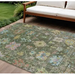 Photo of Fern Green Pink And Blue Floral Washable Indoor Outdoor Area Rug
