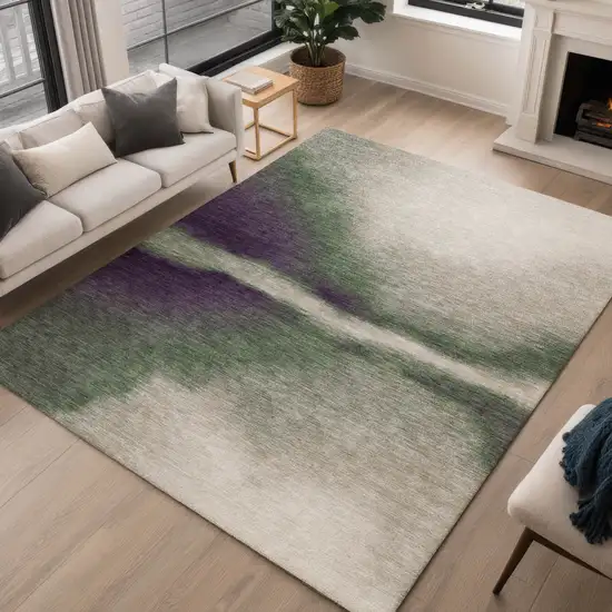 Fern Green Purple And Beige Abstract Washable Indoor Outdoor Area Rug Photo 5