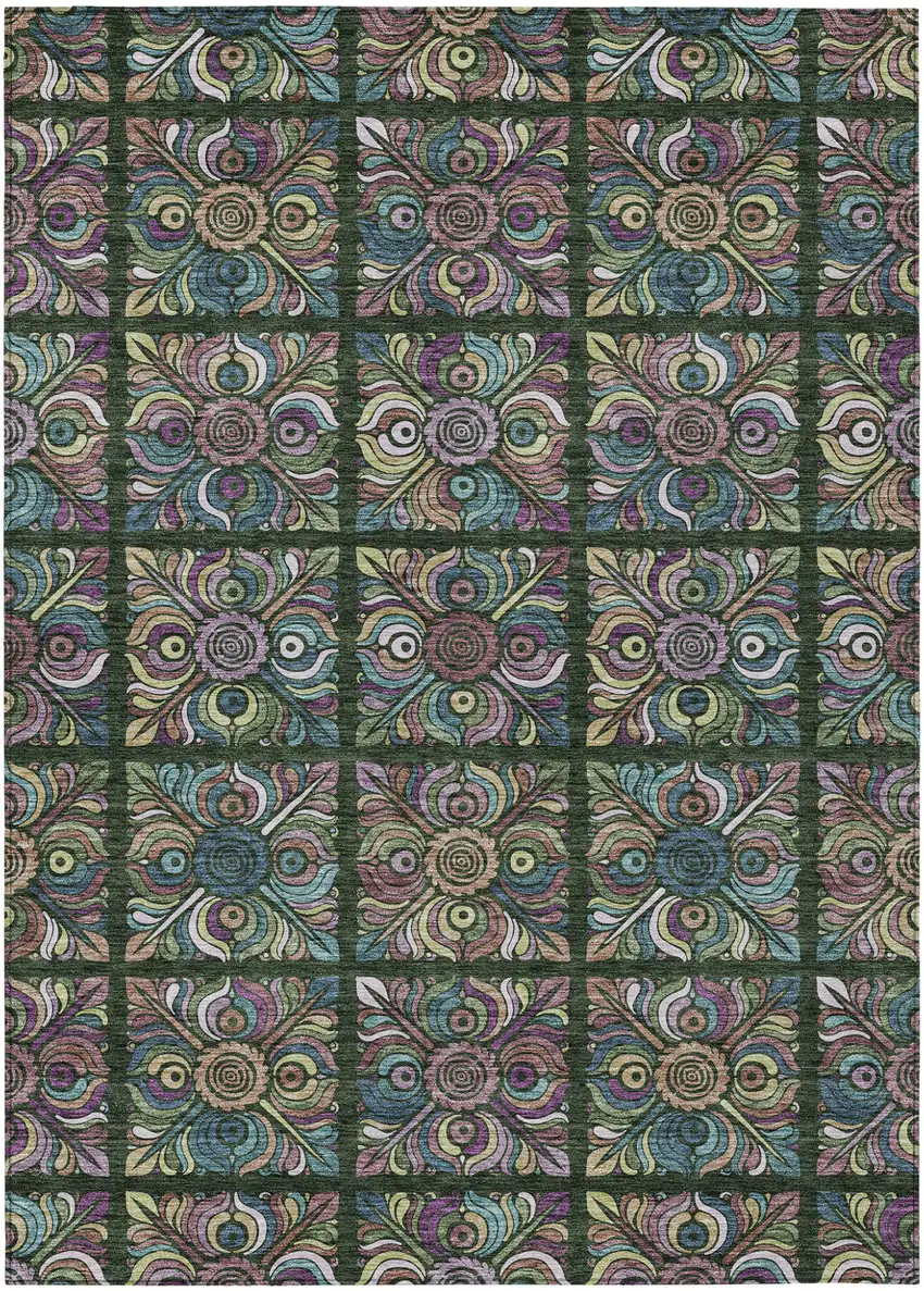 Fern Green Purple And Teal Blue Medallion Washable Indoor Outdoor Area Rug Photo 2