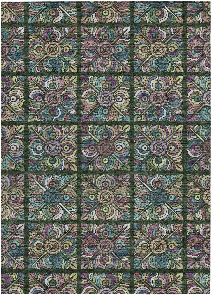 Fern Green Purple And Teal Blue Medallion Washable Indoor Outdoor Area Rug Photo 7