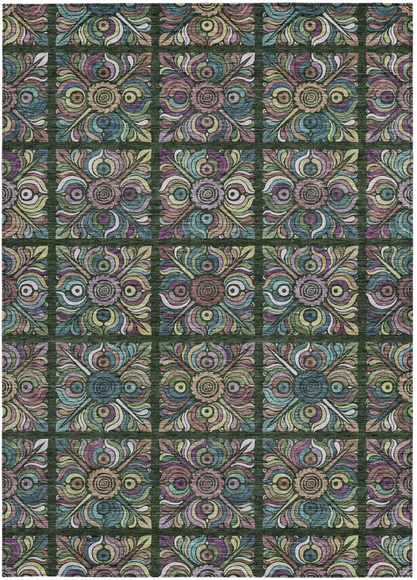 Fern Green Purple And Teal Blue Medallion Washable Indoor Outdoor Area Rug Photo 7