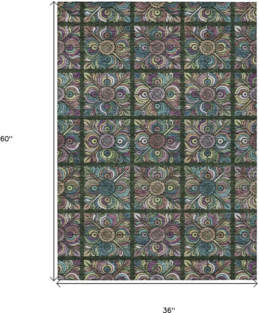 Fern Green Purple And Teal Blue Medallion Washable Indoor Outdoor Area Rug Photo 3
