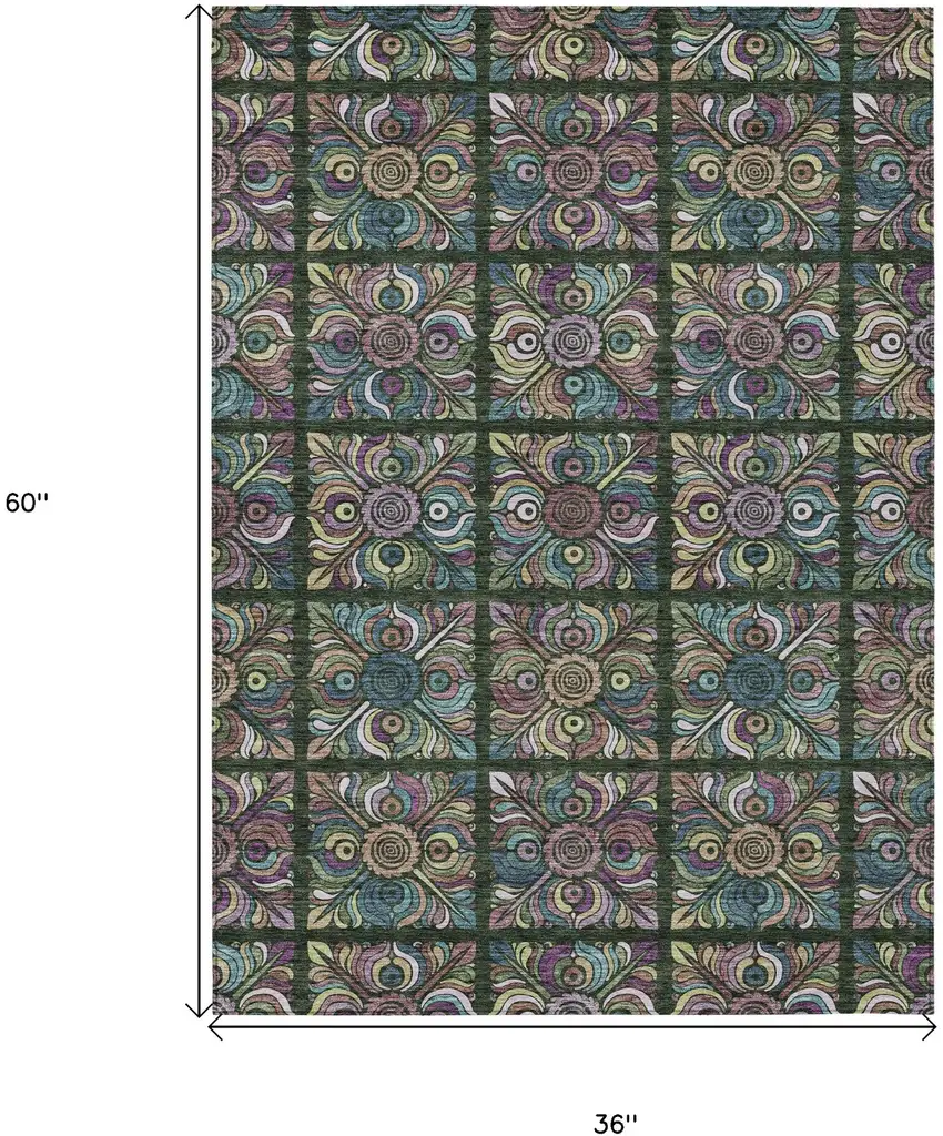 Fern Green Purple And Teal Blue Medallion Washable Indoor Outdoor Area Rug Photo 3