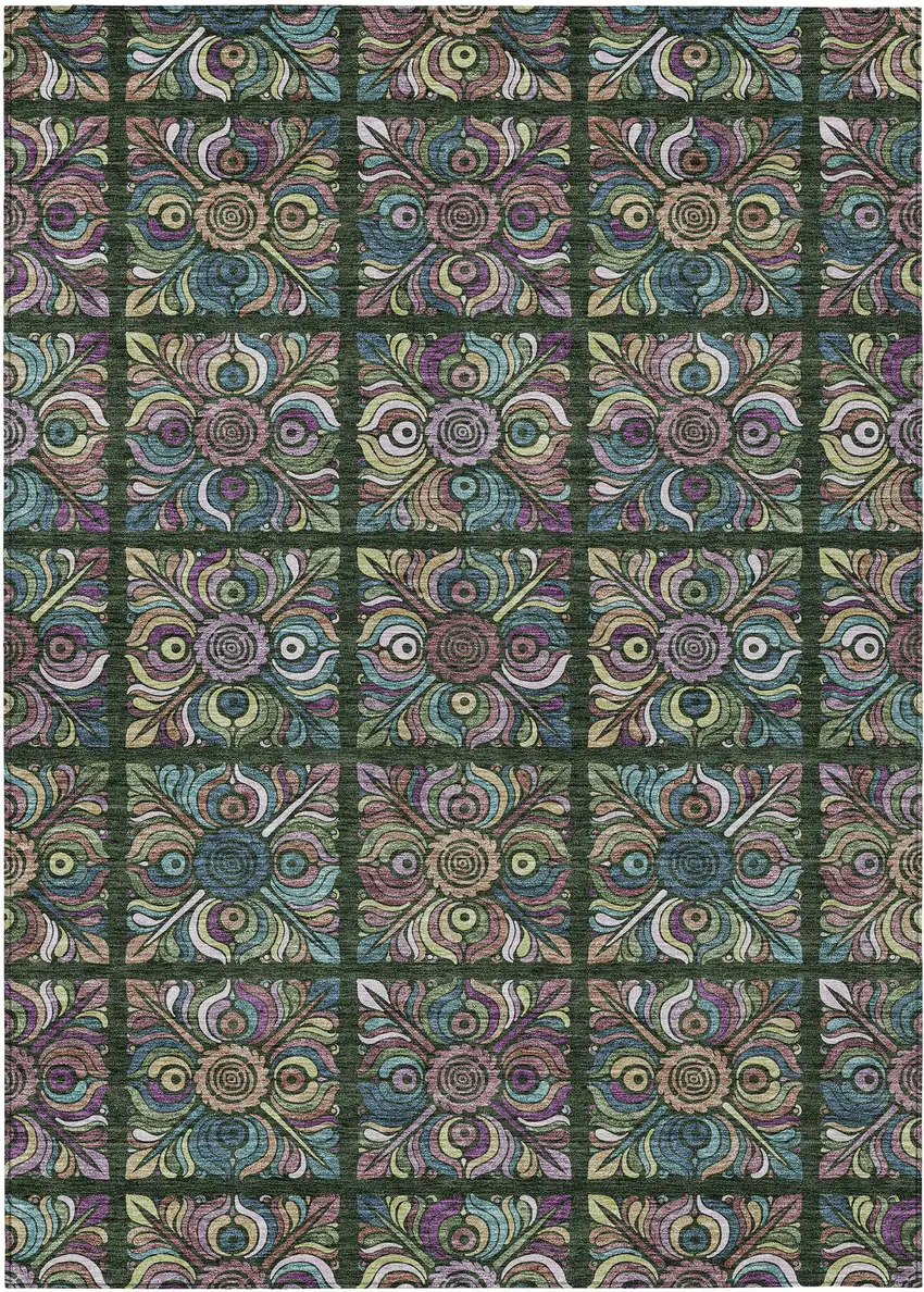 Fern Green Purple And Teal Blue Medallion Washable Indoor Outdoor Area Rug Photo 2