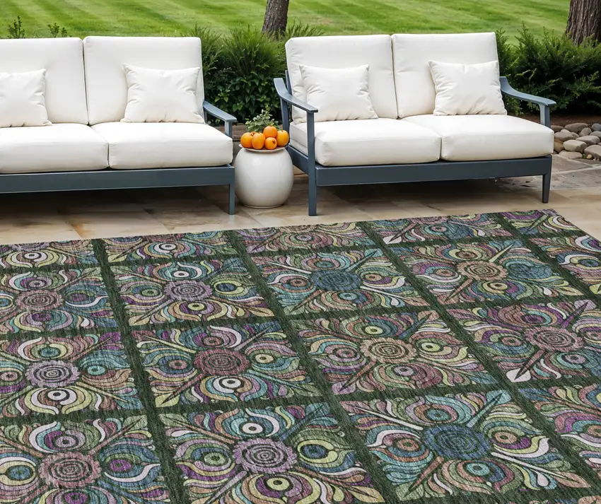 Fern Green Purple And Teal Blue Medallion Washable Indoor Outdoor Area Rug Photo 1