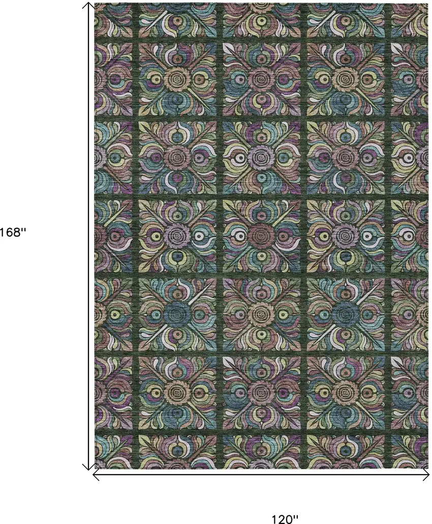 Fern Green Purple And Teal Blue Medallion Washable Indoor Outdoor Area Rug Photo 3