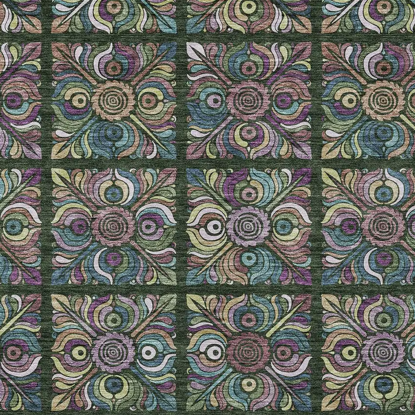 Fern Green Purple And Teal Blue Medallion Washable Indoor Outdoor Area Rug Photo 6