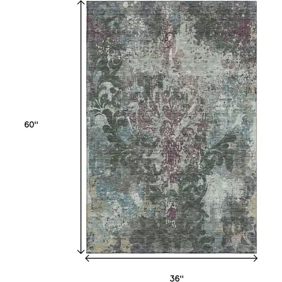 Fern Green Purple And Teal Damask Washable Area Rug With UV Protection Photo 3