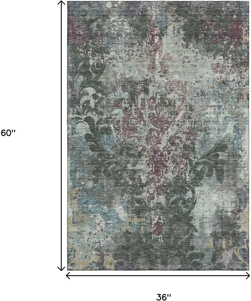 Fern Green Purple And Teal Damask Washable Area Rug With UV Protection Photo 3