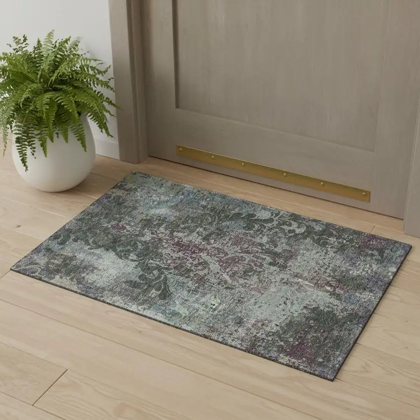 Fern Green Purple And Teal Damask Washable Area Rug With UV Protection Photo 1