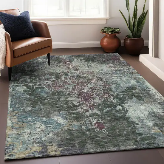 Fern Green Purple And Teal Damask Washable Area Rug With UV Protection Photo 6