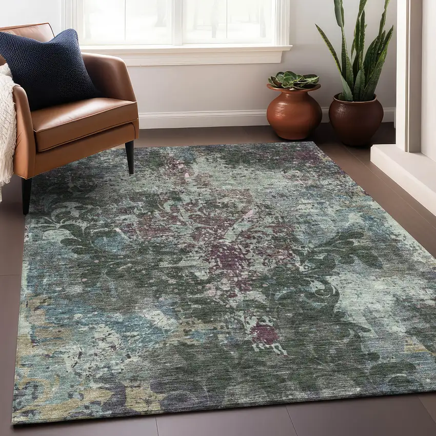 Fern Green Purple And Teal Damask Washable Area Rug With UV Protection Photo 6