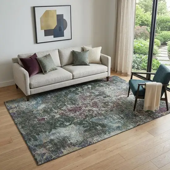 Fern Green Purple And Teal Damask Washable Area Rug With UV Protection Photo 1