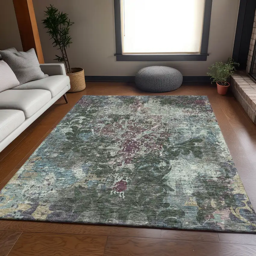 Fern Green Purple And Teal Damask Washable Area Rug With UV Protection Photo 5
