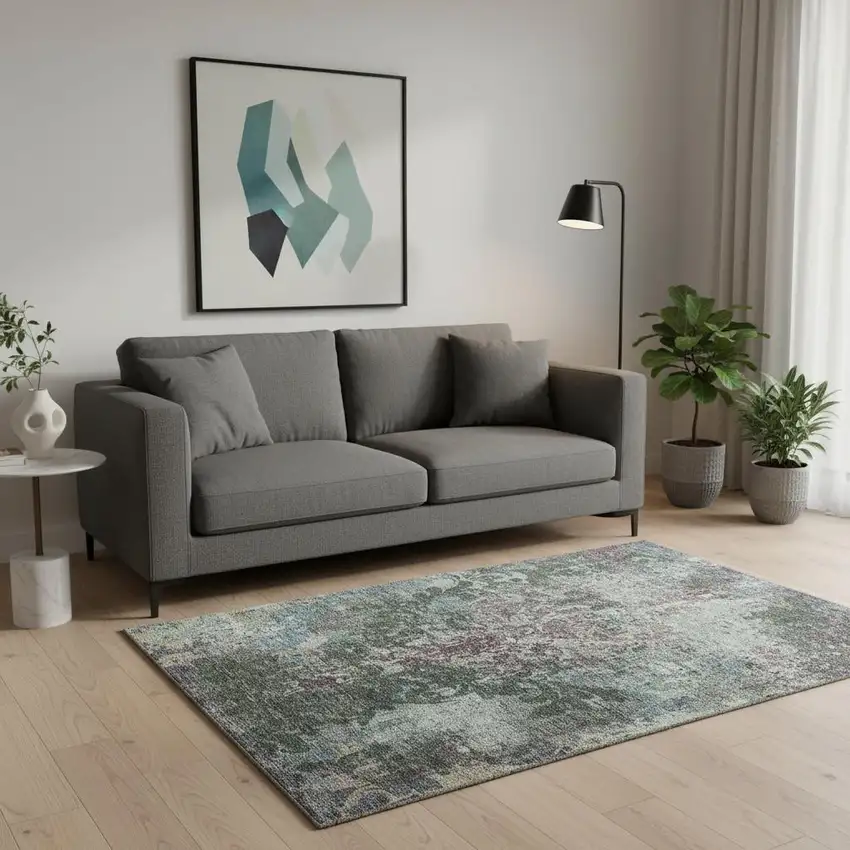 Fern Green Purple And Teal Damask Washable Area Rug With UV Protection Photo 2