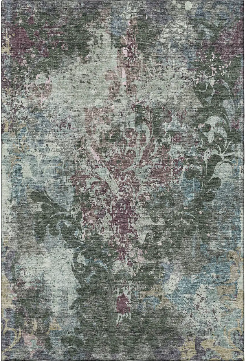Fern Green Purple And Teal Damask Washable Area Rug With UV Protection Photo 3