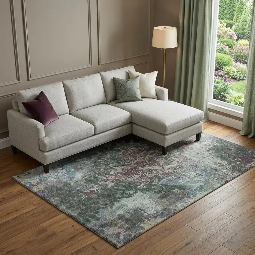 Fern Green Purple And Teal Damask Washable Area Rug With UV Protection Photo 1