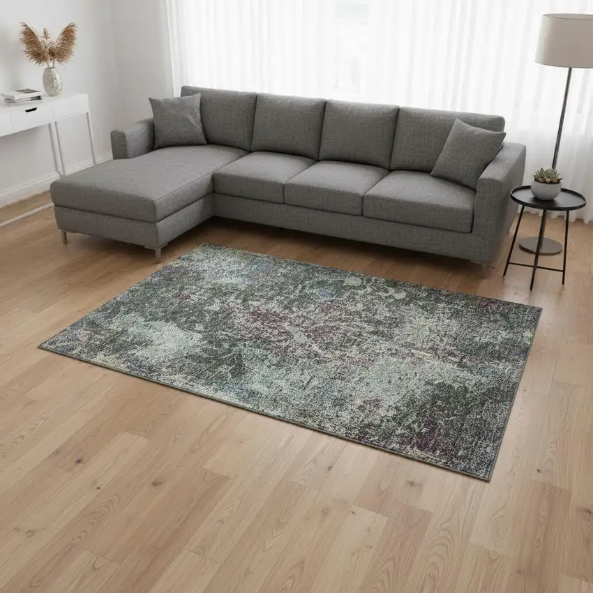 Fern Green Purple And Teal Damask Washable Area Rug With UV Protection Photo 2