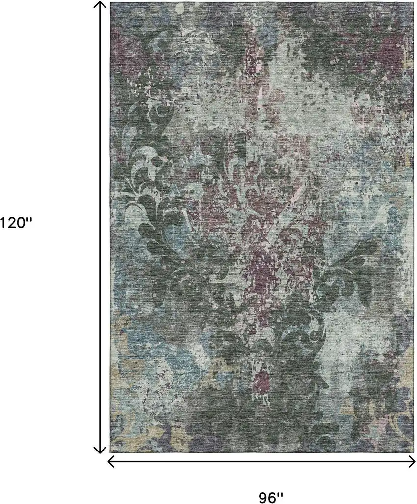 Fern Green Purple And Teal Damask Washable Area Rug With UV Protection Photo 9