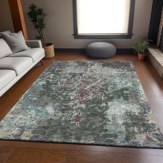 Fern Green Purple And Teal Damask Washable Area Rug With UV Protection Photo 5