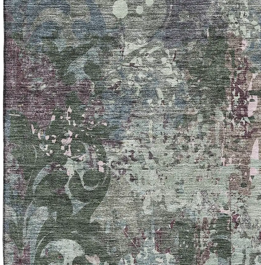 Fern Green Purple And Teal Damask Washable Area Rug With UV Protection Photo 2