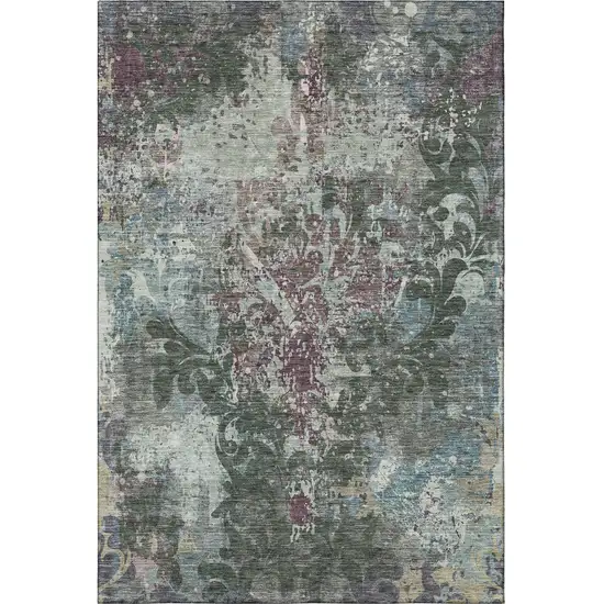 Fern Green Purple And Teal Damask Washable Area Rug With UV Protection Photo 3