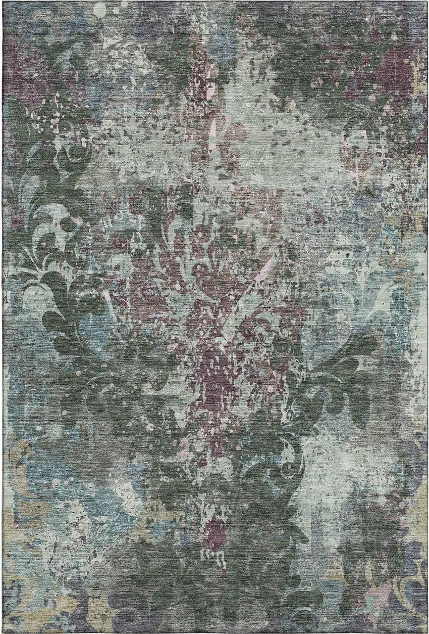 Fern Green Purple And Teal Damask Washable Area Rug With UV Protection Photo 1