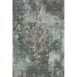 Photo of Fern Green Purple And Teal Damask Washable Area Rug With UV Protection