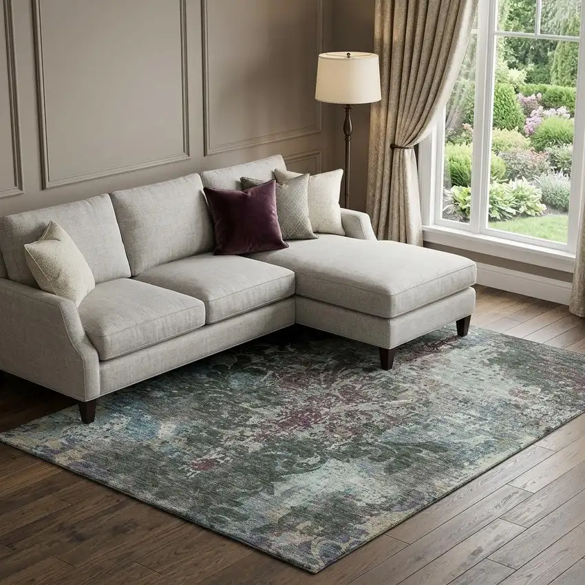 Fern Green Purple And Teal Damask Washable Area Rug With UV Protection Photo 1