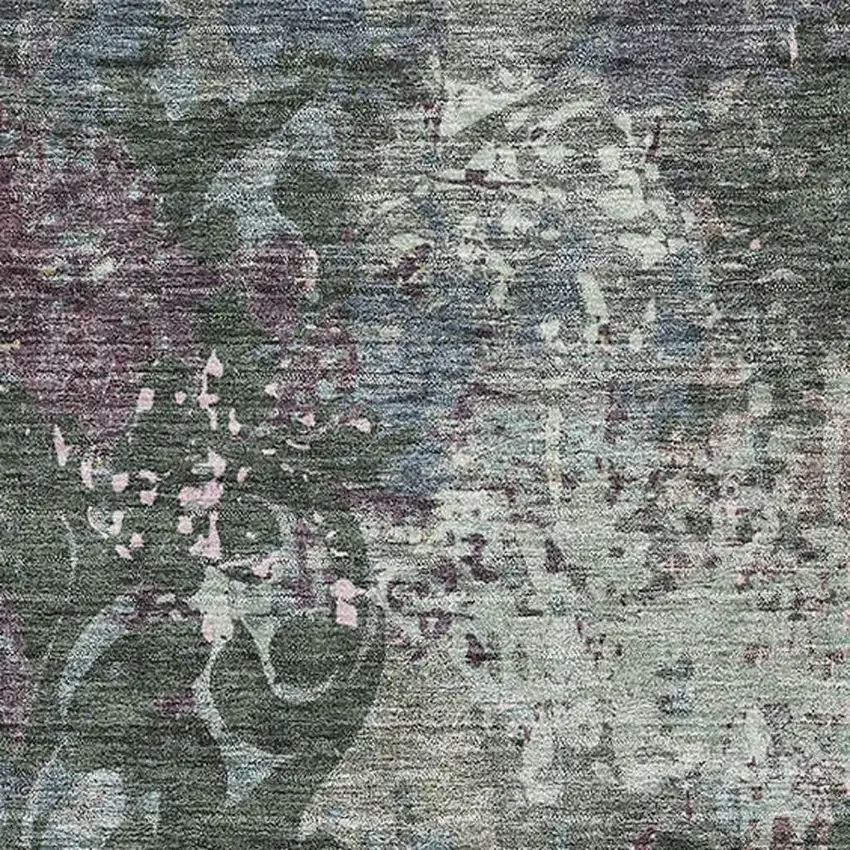 Fern Green Purple And Teal Damask Washable Area Rug With UV Protection Photo 2