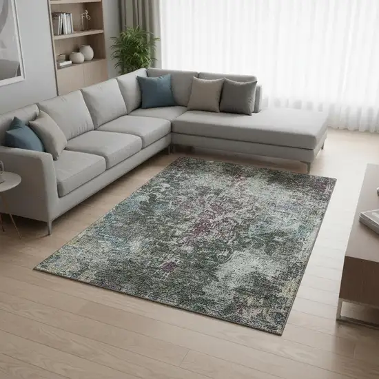 Fern Green Purple And Teal Damask Washable Area Rug With UV Protection Photo 2