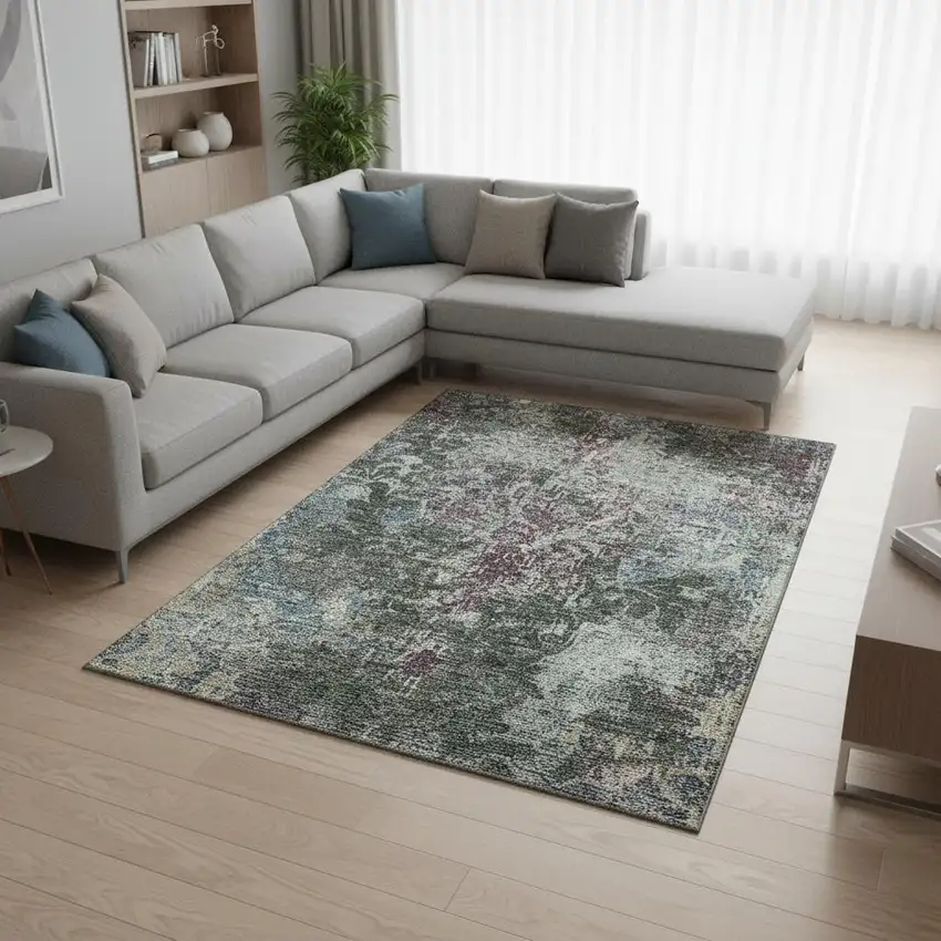 Fern Green Purple And Teal Damask Washable Area Rug With UV Protection Photo 2