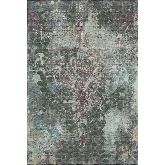 Fern Green Purple And Teal Damask Washable Area Rug With UV Protection Photo 1