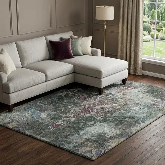 Fern Green Purple And Teal Damask Washable Area Rug With UV Protection Photo 1