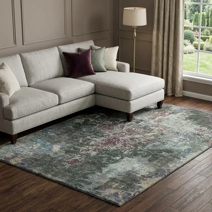 Fern Green Purple And Teal Damask Washable Area Rug With UV Protection Photo 1