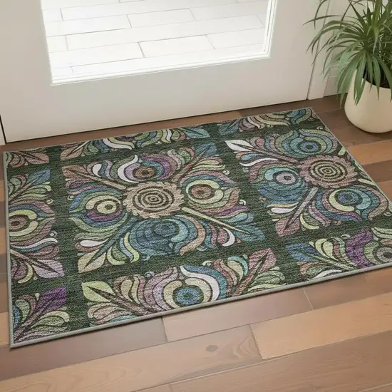 Fern Green Purple And Teal Medallion Washable Area Rug With UV Protection Photo 2