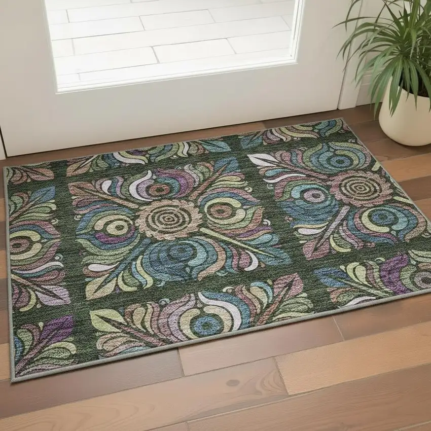 Fern Green Purple And Teal Medallion Washable Area Rug With UV Protection Photo 2