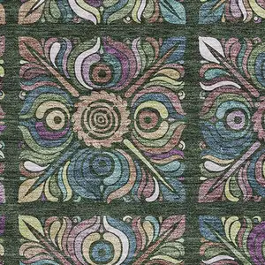 Photo of Fern Green Purple And Teal Medallion Washable Area Rug With UV Protection
