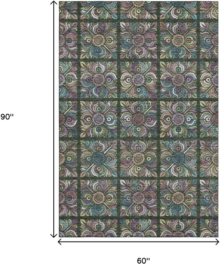 Fern Green Purple And Teal Medallion Washable Area Rug With UV Protection Photo 3