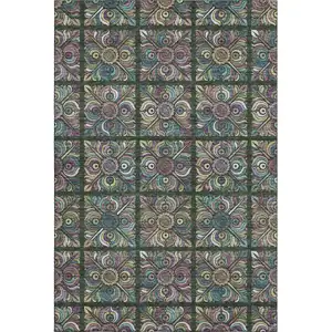 Photo of Fern Green Purple And Teal Medallion Washable Area Rug With UV Protection