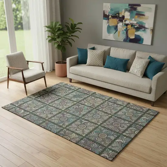 Fern Green Purple And Teal Medallion Washable Area Rug With UV Protection Photo 1