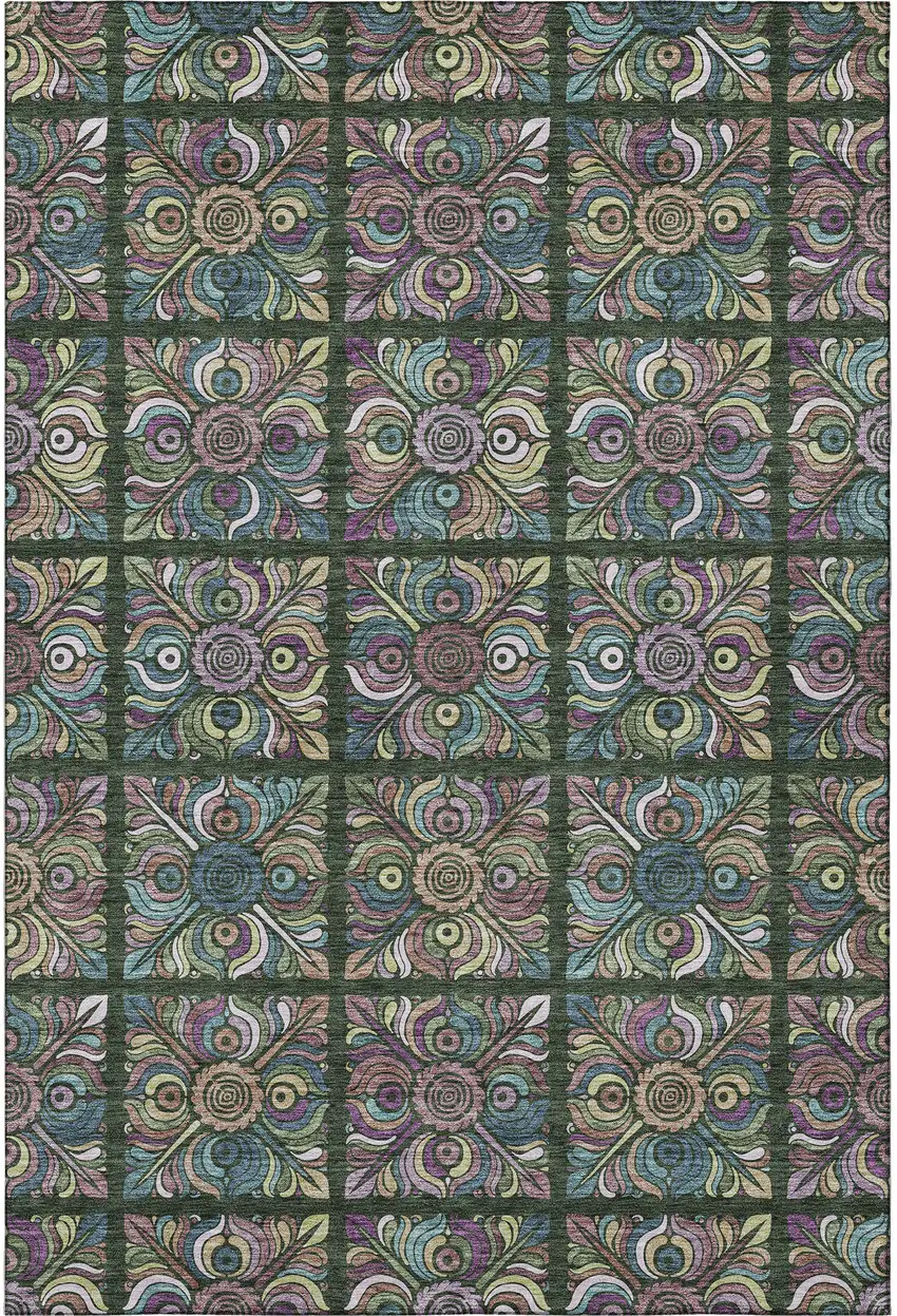 Fern Green Purple And Teal Medallion Washable Area Rug With UV Protection Photo 4